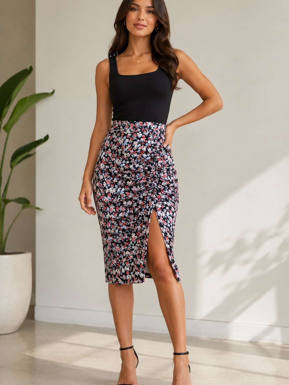 Floral Ruched Midi Skirt with Side Slit - Black Multi
